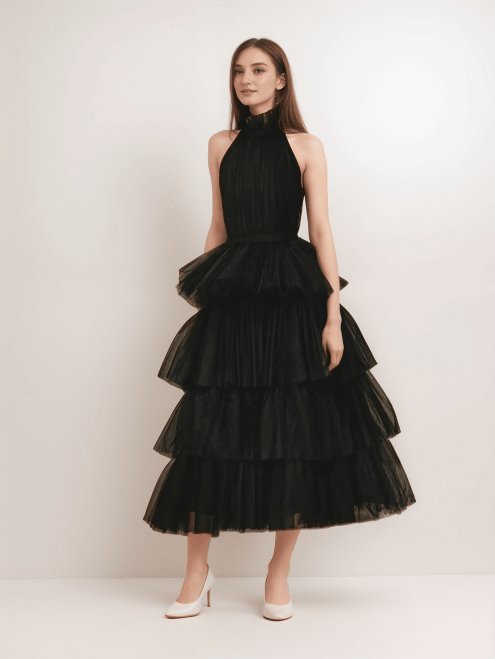 Ruffle Layered tulle Hem Haltered A-line tutu French style long prom dress - Luzilly Bridal & Apparel