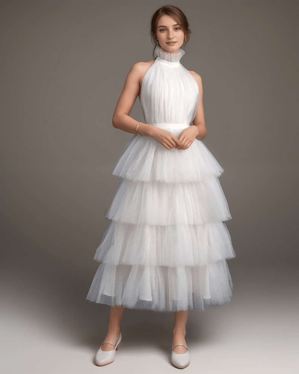 Ruffle Layered tulle Hem Haltered A-line tutu French style long prom dress - Luzilly Bridal & Apparel