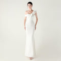 Ruffled One-Shoulder Beaded Satin Fishtail Gown - Luzilly Bridal & Apparel