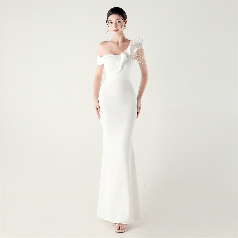 Ruffled One-Shoulder Beaded Satin Fishtail Gown - Luzilly Bridal & Apparel
