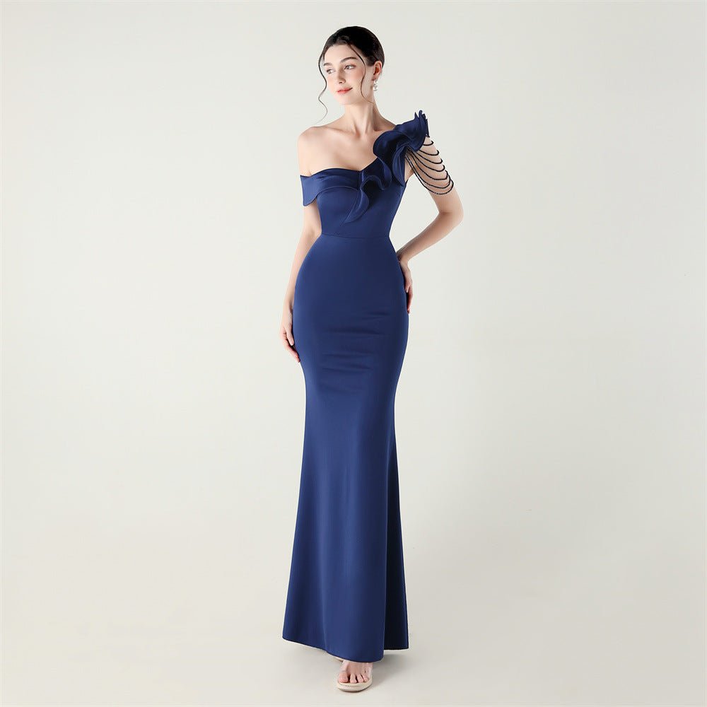 Ruffled One Shoulder Heavy Industry Beads String Slim Fit Satin Fishtail Evening Dress Wedding Red Carpet Cocktail Dress - Luzilly Bridal & Apparel