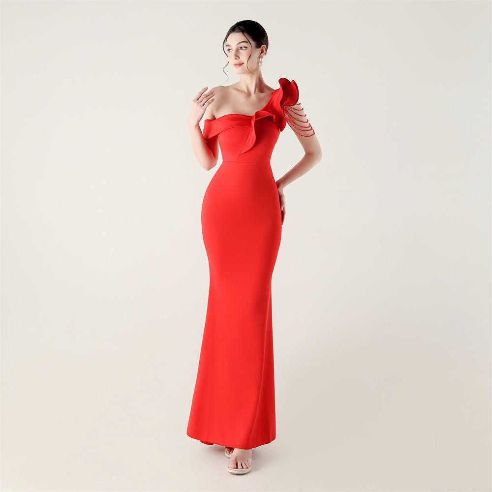 Ruffled One Shoulder Heavy Industry Beads String Slim Fit Satin Fishtail Evening Dress Wedding Red Carpet Cocktail Dress - Luzilly Bridal & Apparel