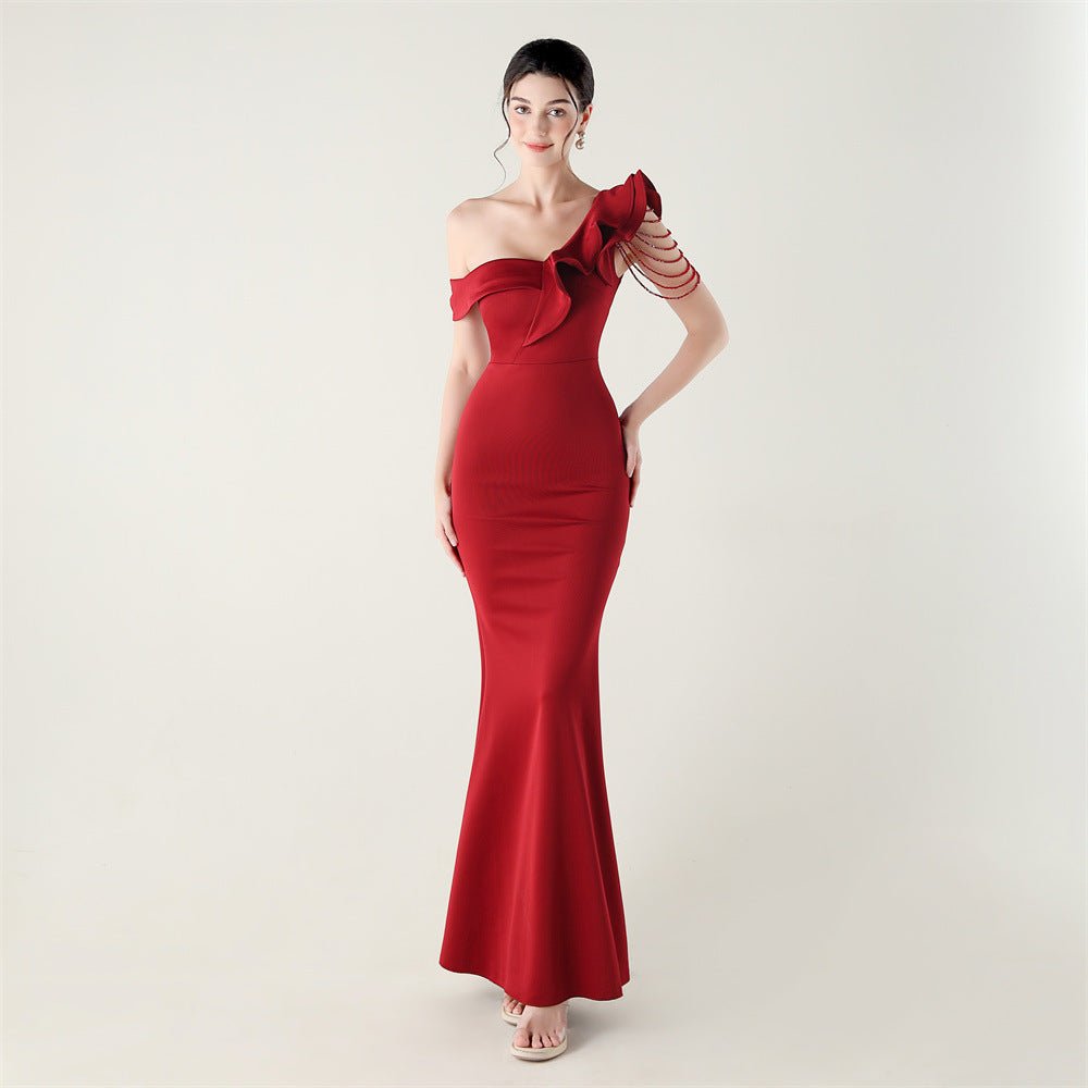 Ruffled One Shoulder Heavy Industry Beads String Slim Fit Satin Fishtail Evening Dress Wedding Red Carpet Cocktail Dress - Luzilly Bridal & Apparel