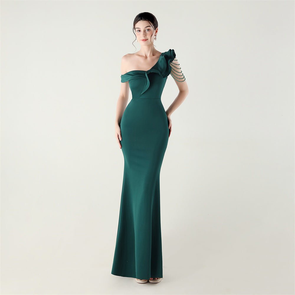 Ruffled One Shoulder Heavy Industry Beads String Slim Fit Satin Fishtail Evening Dress Wedding Red Carpet Cocktail Dress - Luzilly Bridal & Apparel