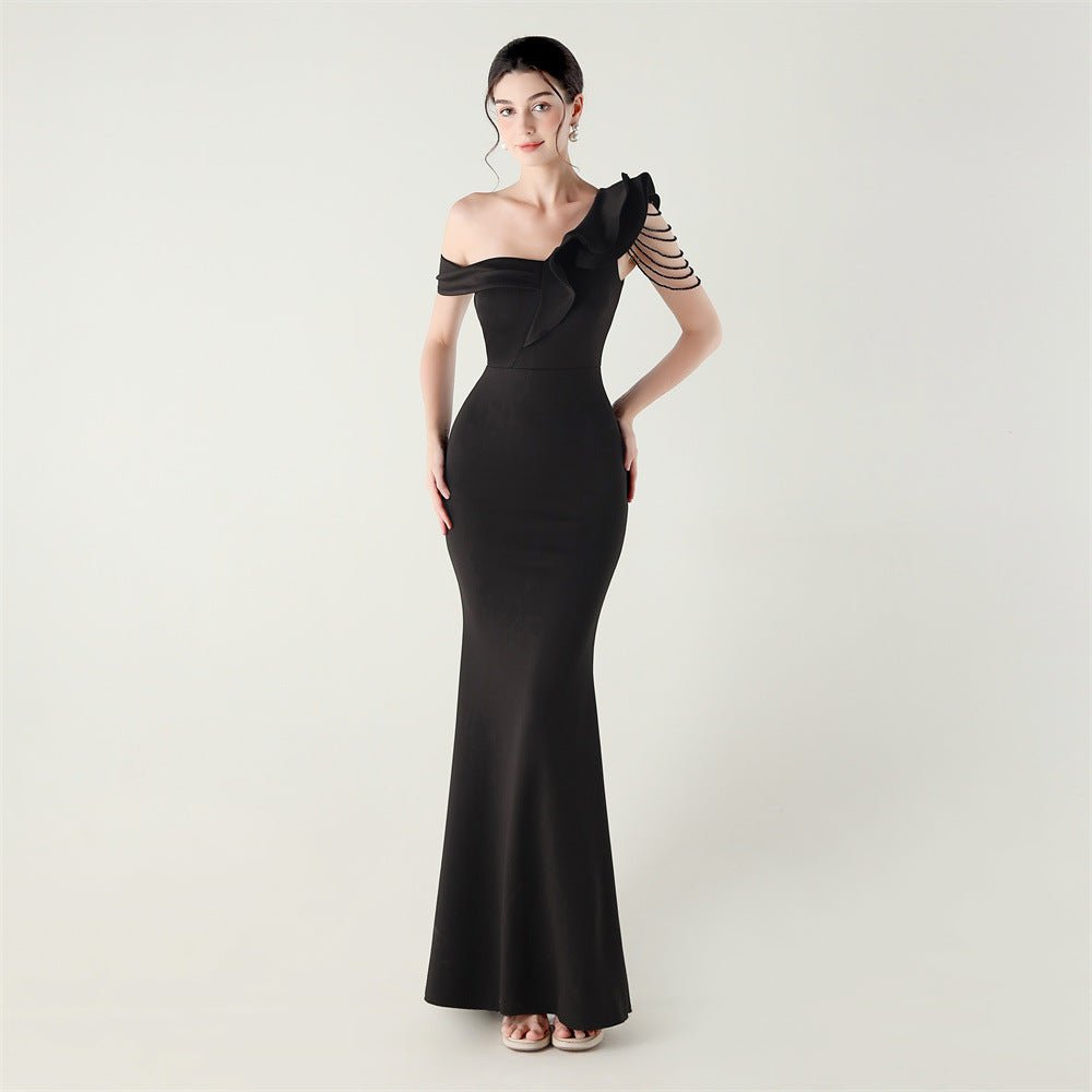 Ruffled One Shoulder Heavy Industry Beads String Slim Fit Satin Fishtail Evening Dress Wedding Red Carpet Cocktail Dress - Luzilly Bridal & Apparel