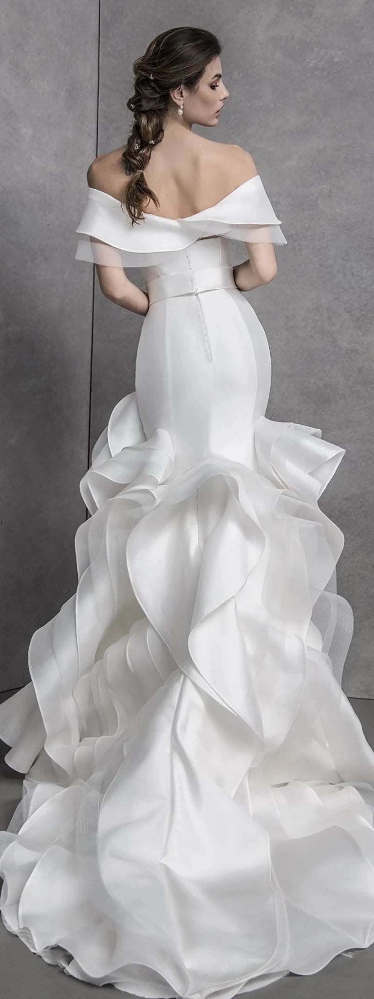 Ruffled Satin Sheath Wedding Dress with Sash - Luzilly Bridal & Apparel
