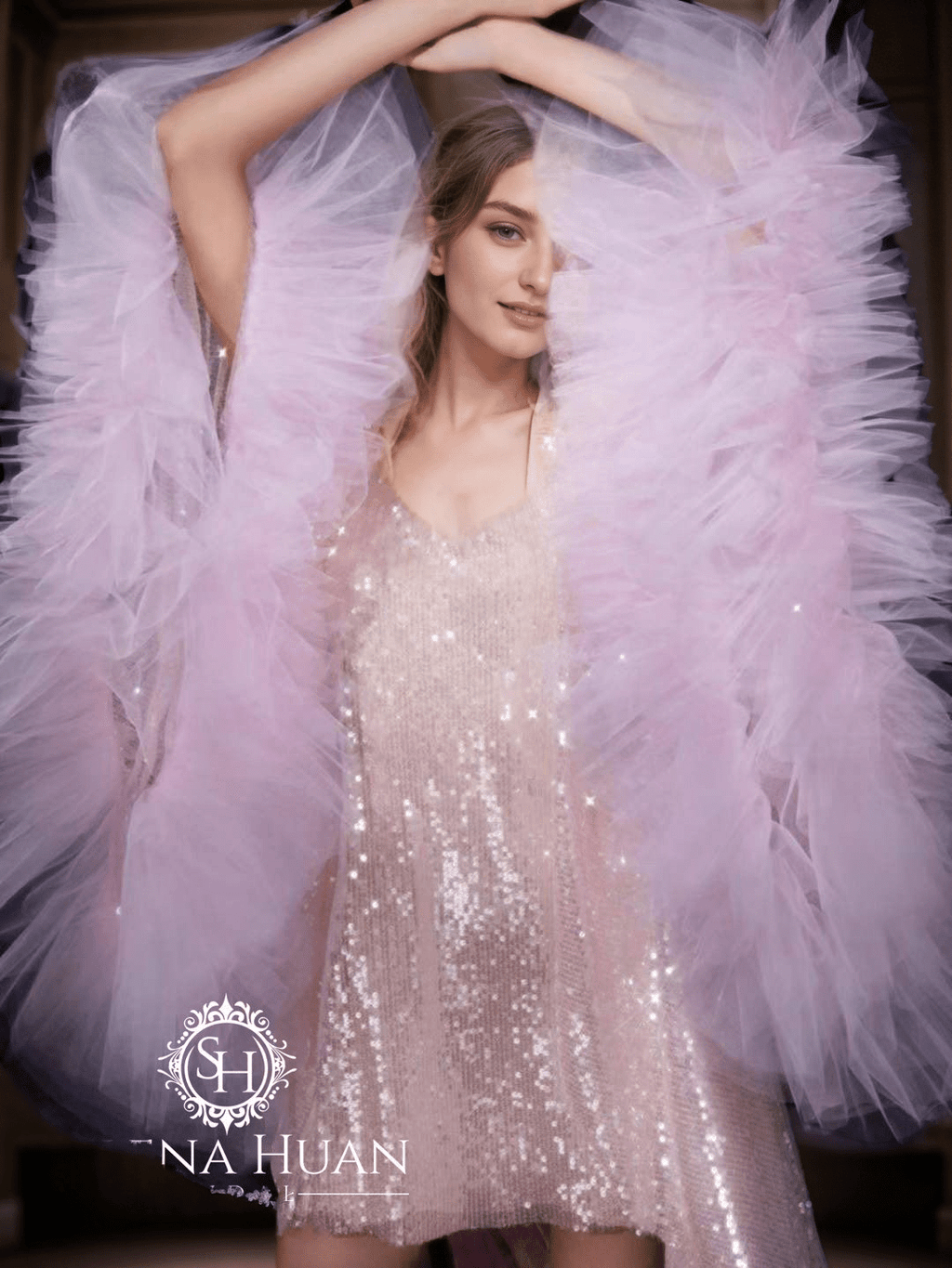 Ruffled tulle fringe hem sequin mesh long robe with sequin nightgown pink ivory - Luzilly Bridal & Apparel