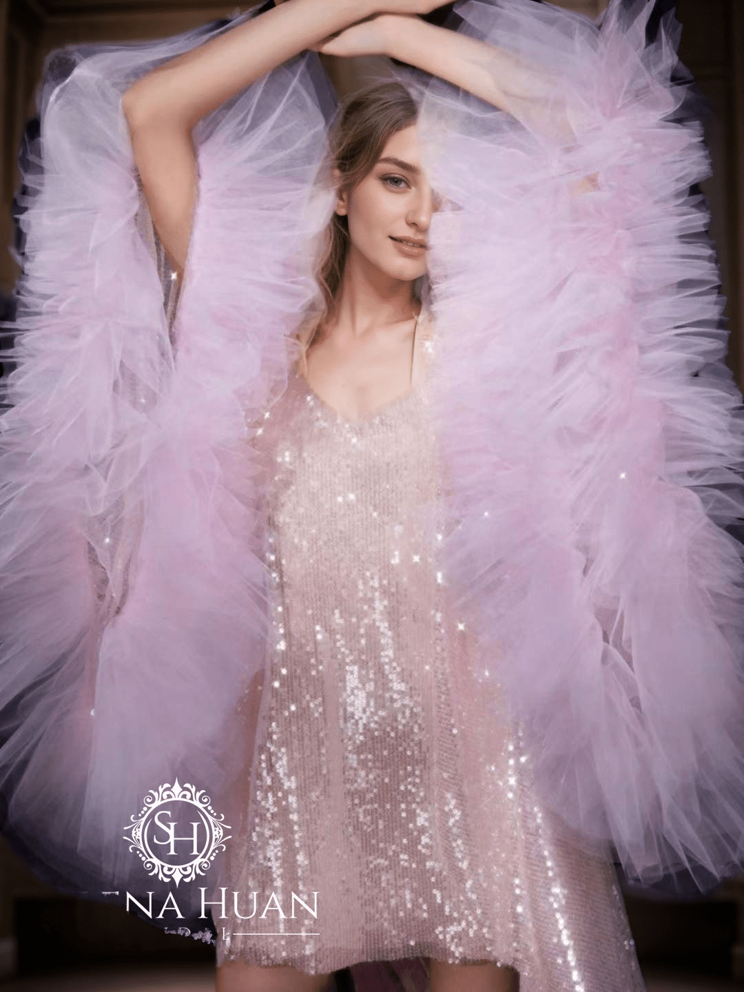 Ruffled tulle fringe hem sequin mesh long robe with sequin nightgown pink ivory - Luzilly Bridal & Apparel