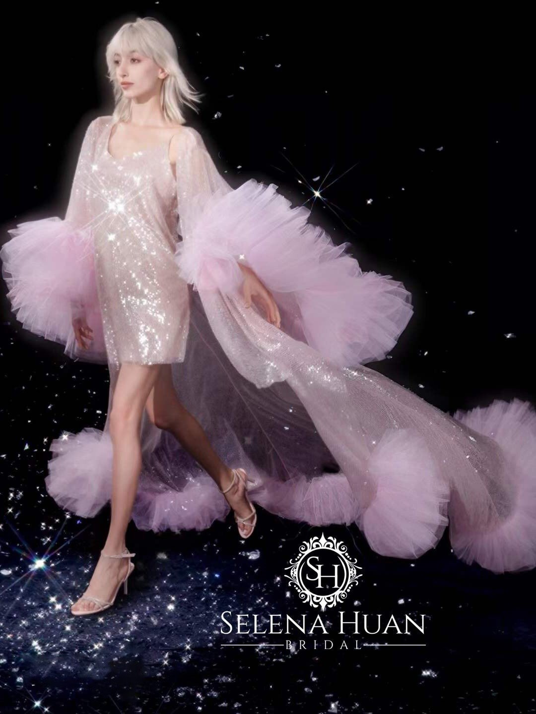 Ruffled tulle fringe hem sequin mesh long robe with sequin nightgown pink ivory - Luzilly Bridal & Apparel