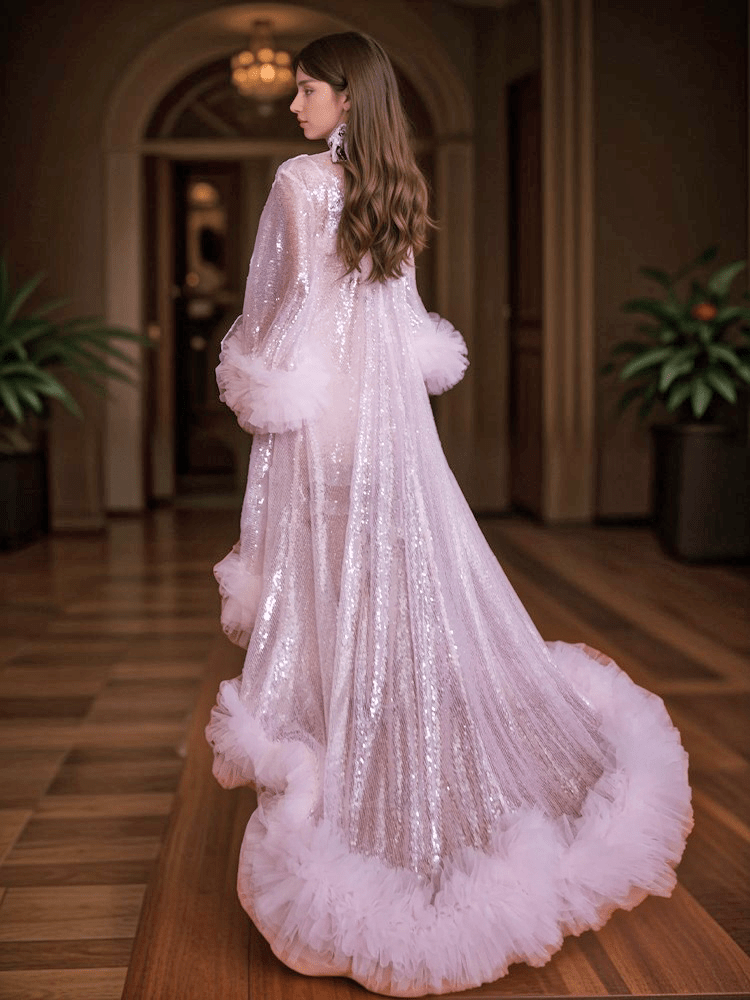 Ruffled tulle fringe hem sequin mesh long robe with sequin nightgown pink ivory - Luzilly Bridal & Apparel