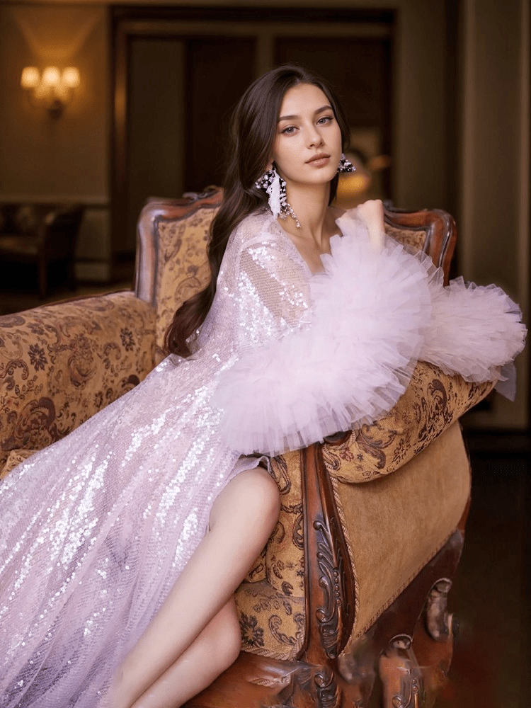 Ruffled tulle fringe hem sequin mesh long robe with sequin nightgown pink ivory - Luzilly Bridal & Apparel