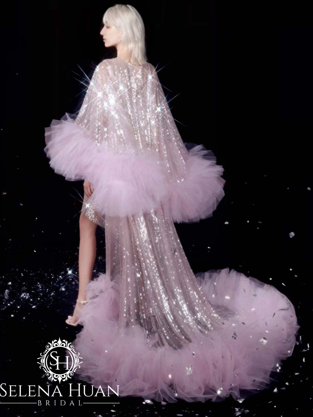 Ruffled tulle fringe hem sequin mesh long robe with sequin nightgown pink ivory - Luzilly Bridal & Apparel