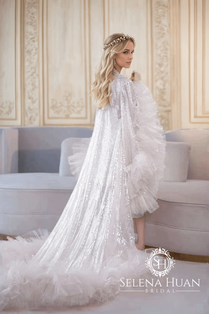 Ruffled tulle fringe hem sequin mesh long robe with sequin nightgown pink ivory - Luzilly Bridal & Apparel