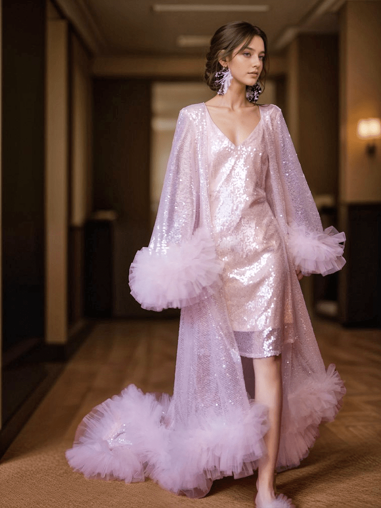 Ruffled tulle fringe hem sequin mesh long robe with sequin nightgown pink ivory - Luzilly Bridal & Apparel