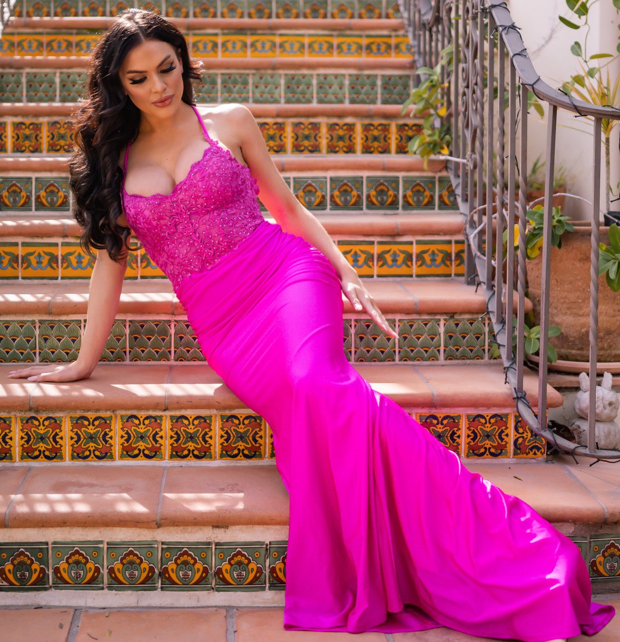 Rylie Gown - Fuchsia - Stretch Fitted Dress With Lace Bodice - Luzilly Bridal & Apparel