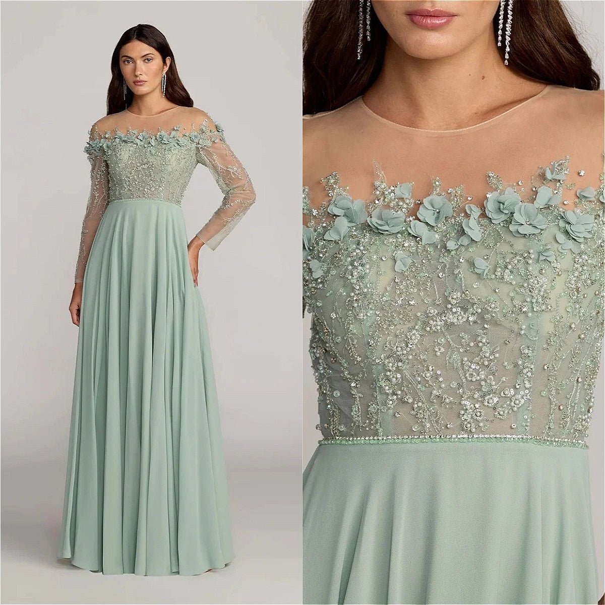 Sage Green Off-Shoulder 3D Floral Mother of the Bride Dress - Luzilly Bridal & Apparel