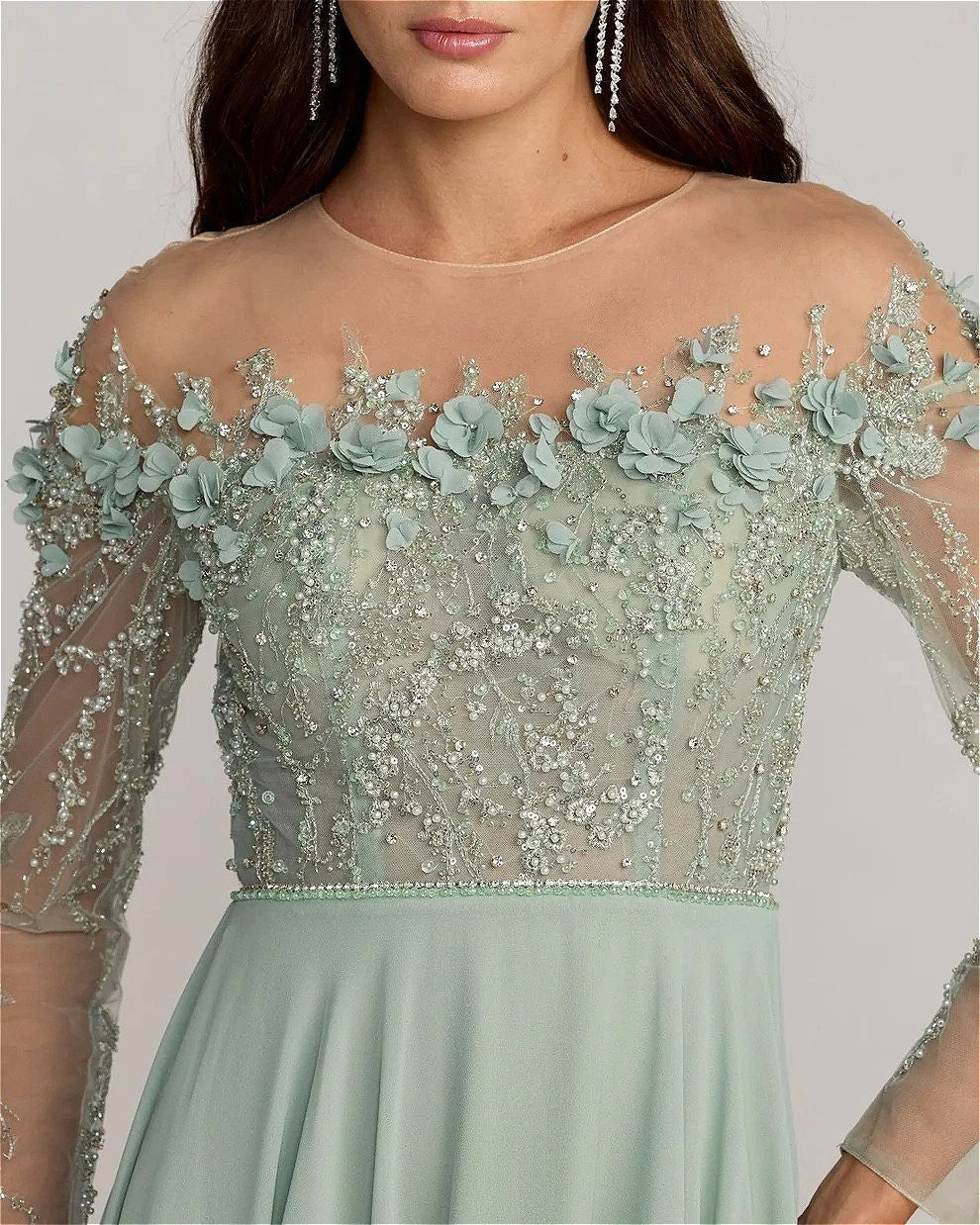 Sage Green Off-Shoulder 3D Floral Mother of the Bride Dress - Luzilly Bridal & Apparel