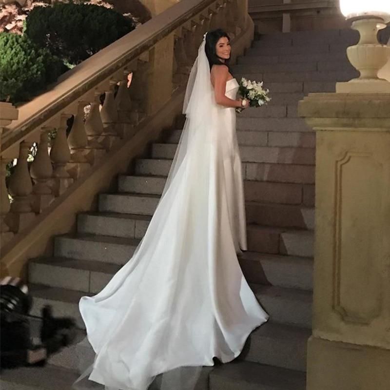 Satin A-line Wedding Dresses Strapless with Chapel Train EDL690 - Luzilly Bridal & Apparel
