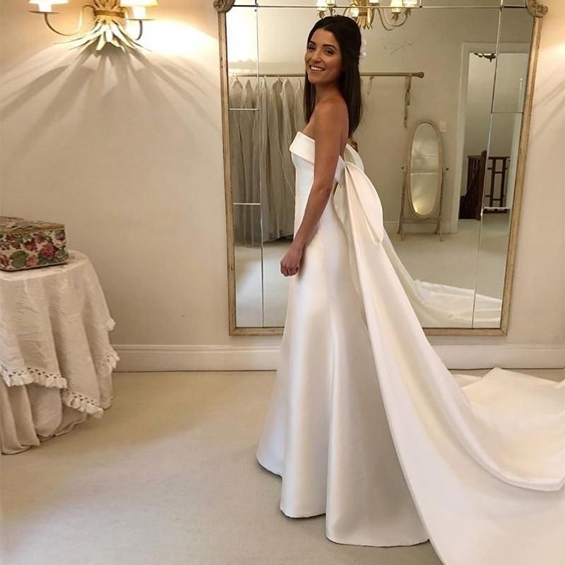 Satin A-line Wedding Dresses Strapless with Chapel Train EDL690 - Luzilly Bridal & Apparel