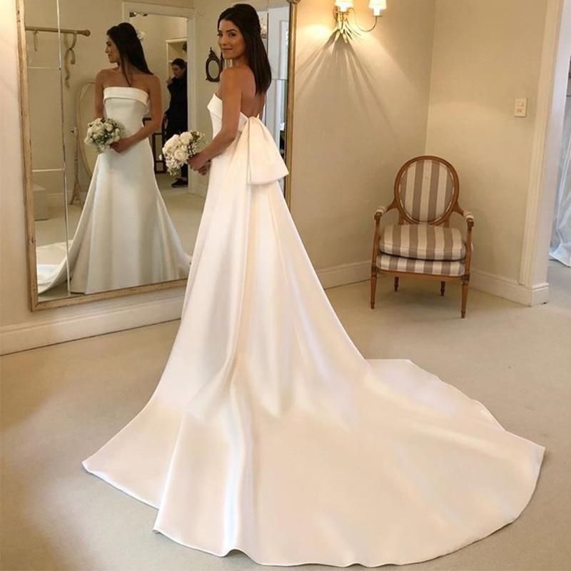 Satin A-line Wedding Dresses Strapless with Chapel Train EDL690 - Luzilly Bridal & Apparel