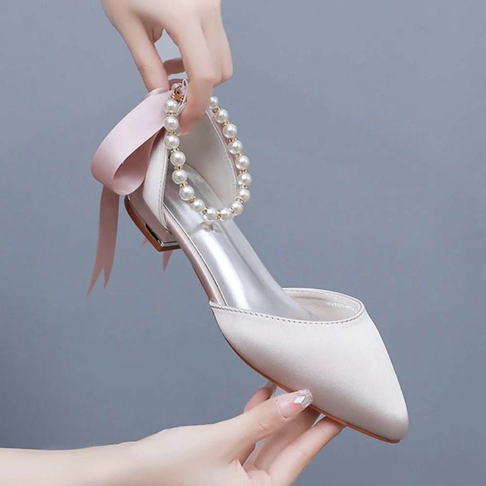 Satin Beaded Flat Pointed-Toe Bridal Sandals - Luzilly Bridal & Apparel