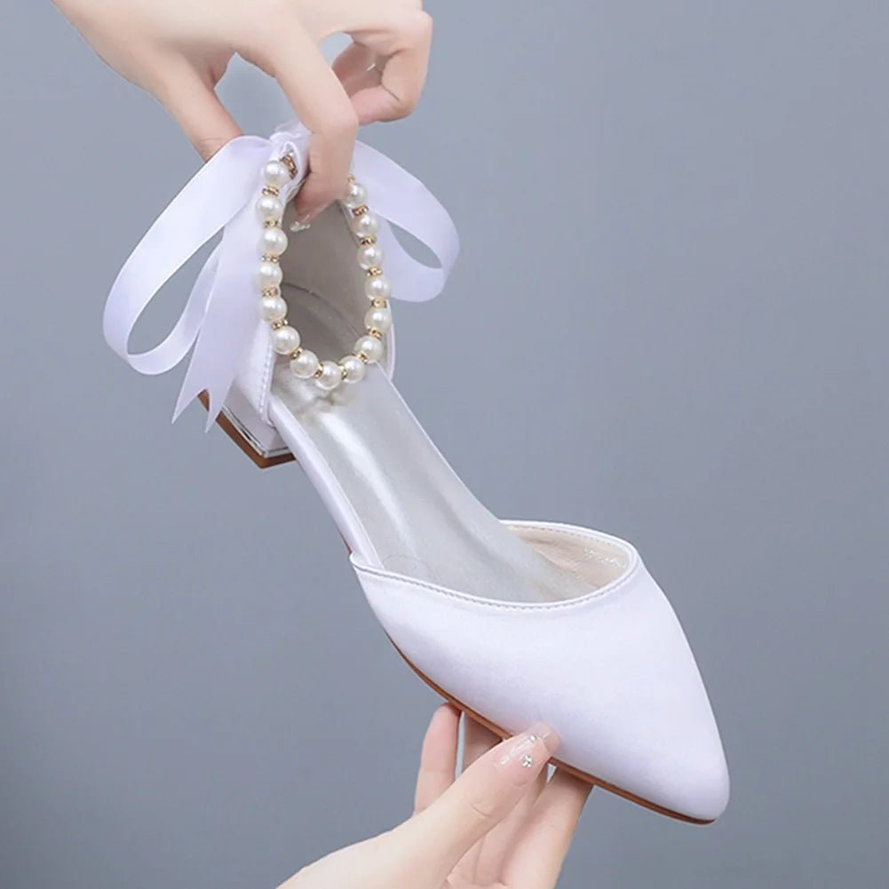 Satin Beaded Flat Pointed-Toe Bridal Sandals - Luzilly Bridal & Apparel