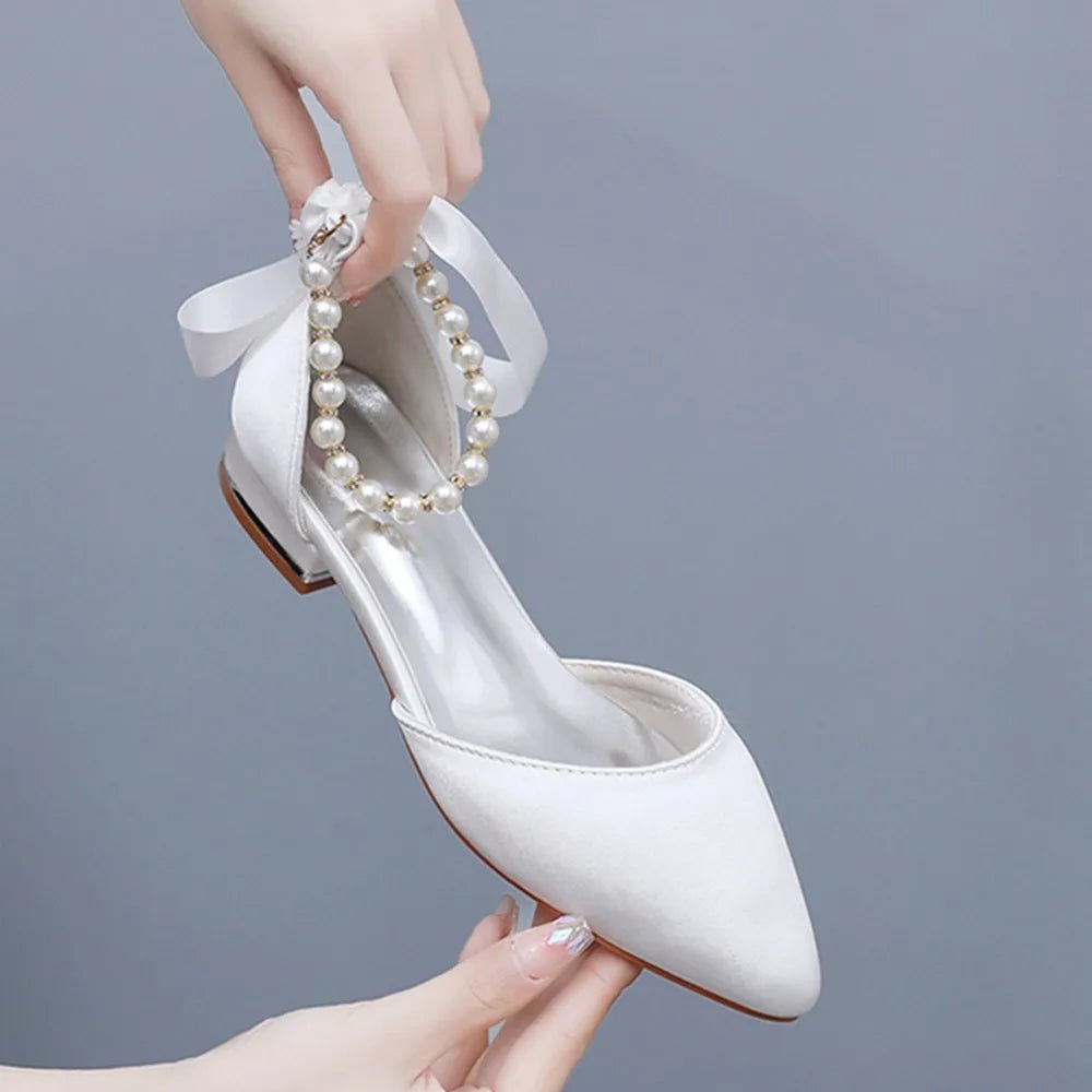 Satin Beaded Flat Pointed-Toe Bridal Sandals - Luzilly Bridal & Apparel
