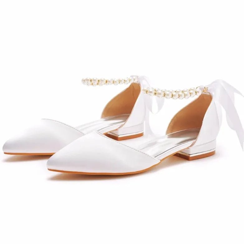 Satin Beaded Flat Pointed-Toe Bridal Sandals - Luzilly Bridal & Apparel