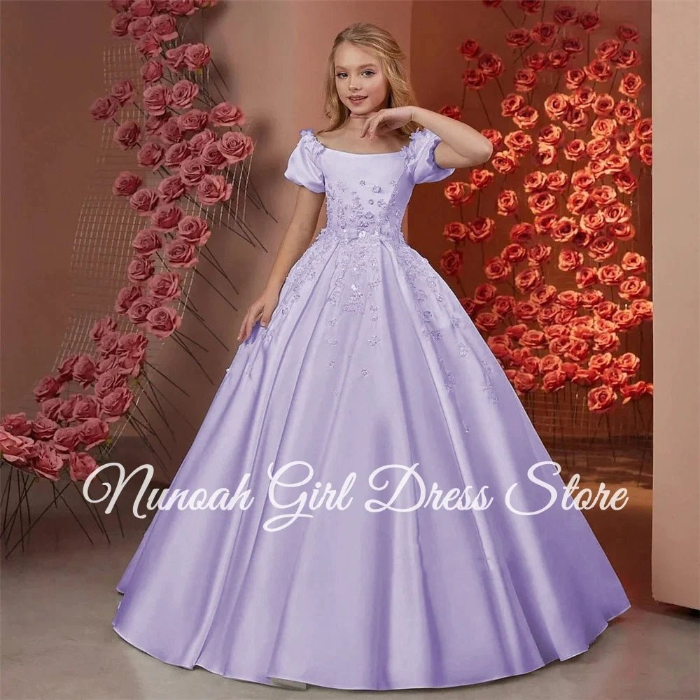 Satin Beaded Floral Floor-Length Flower Girl Dress - Luzilly Bridal & Apparel