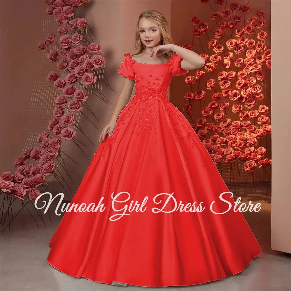 Satin Beaded Floral Floor-Length Flower Girl Dress - Luzilly Bridal & Apparel
