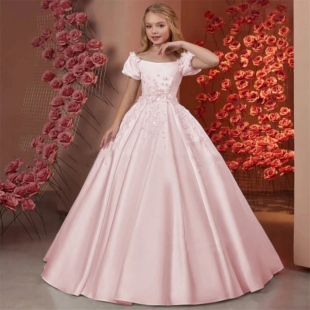 Satin Beaded Floral Floor-Length Flower Girl Dress - Luzilly Bridal & Apparel