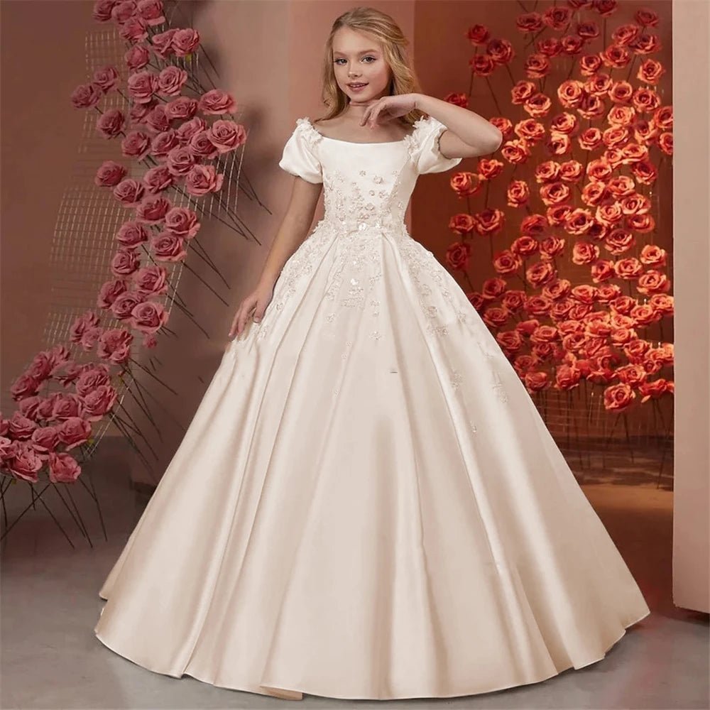 Satin Beaded Floral Floor-Length Flower Girl Dress - Luzilly Bridal & Apparel