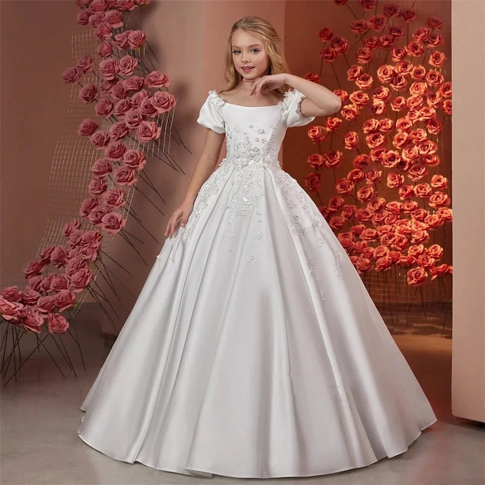 Satin Beaded Floral Floor-Length Flower Girl Dress - Luzilly Bridal & Apparel