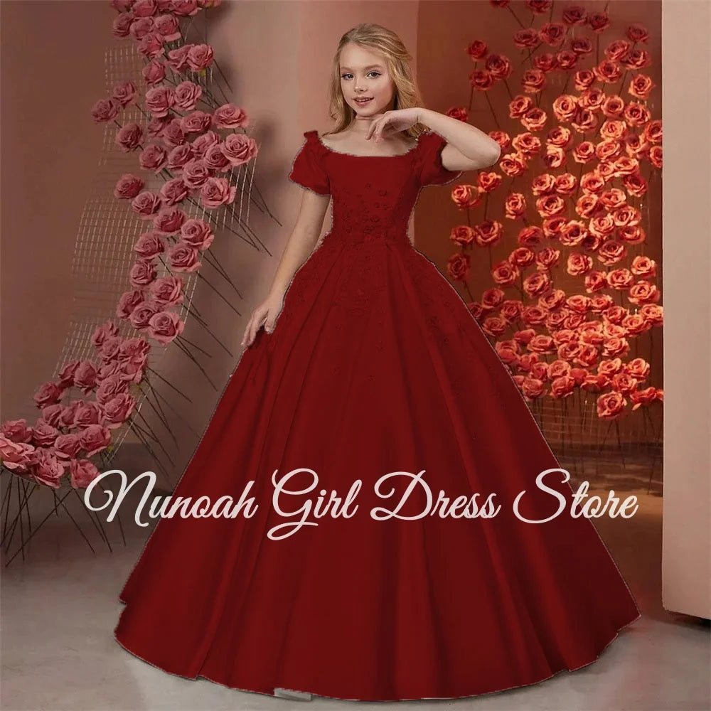 Satin Beaded Floral Floor-Length Flower Girl Dress - Luzilly Bridal & Apparel