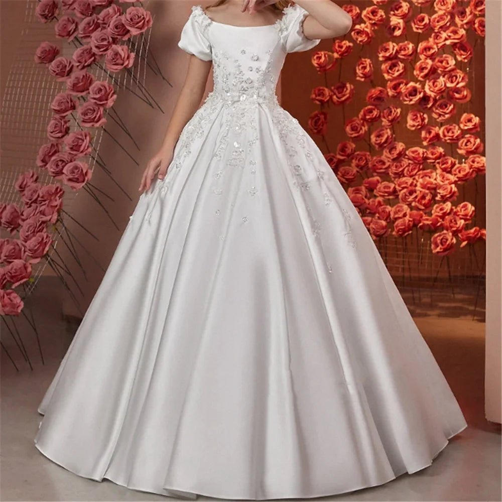 Satin Beaded Floral Floor-Length Flower Girl Dress - Luzilly Bridal & Apparel