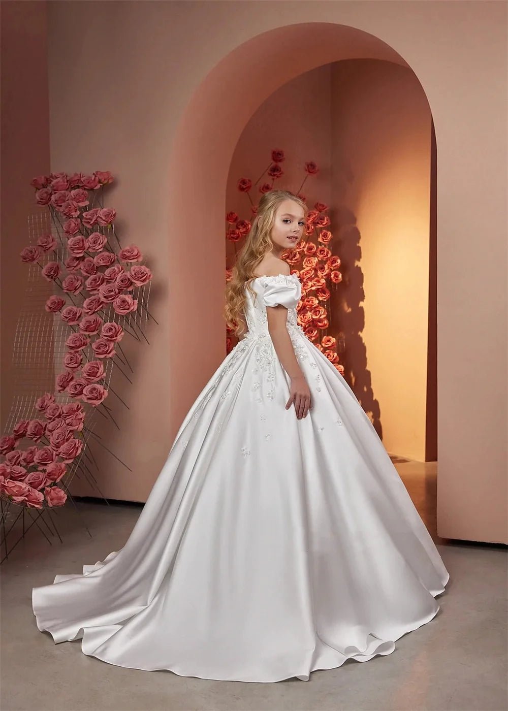 Satin Beaded Floral Floor-Length Flower Girl Dress - Luzilly Bridal & Apparel