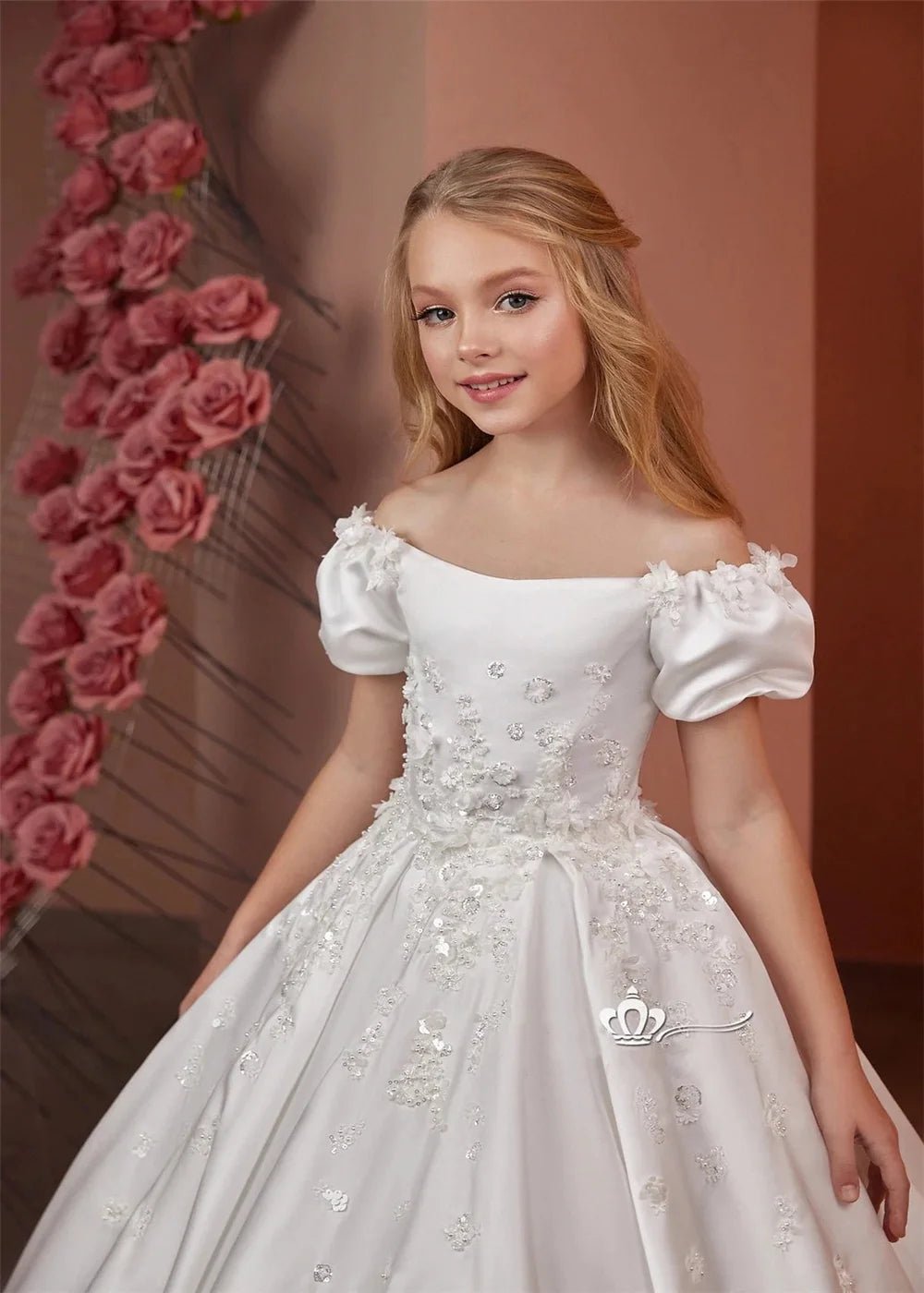 Satin Beaded Floral Floor-Length Flower Girl Dress - Luzilly Bridal & Apparel