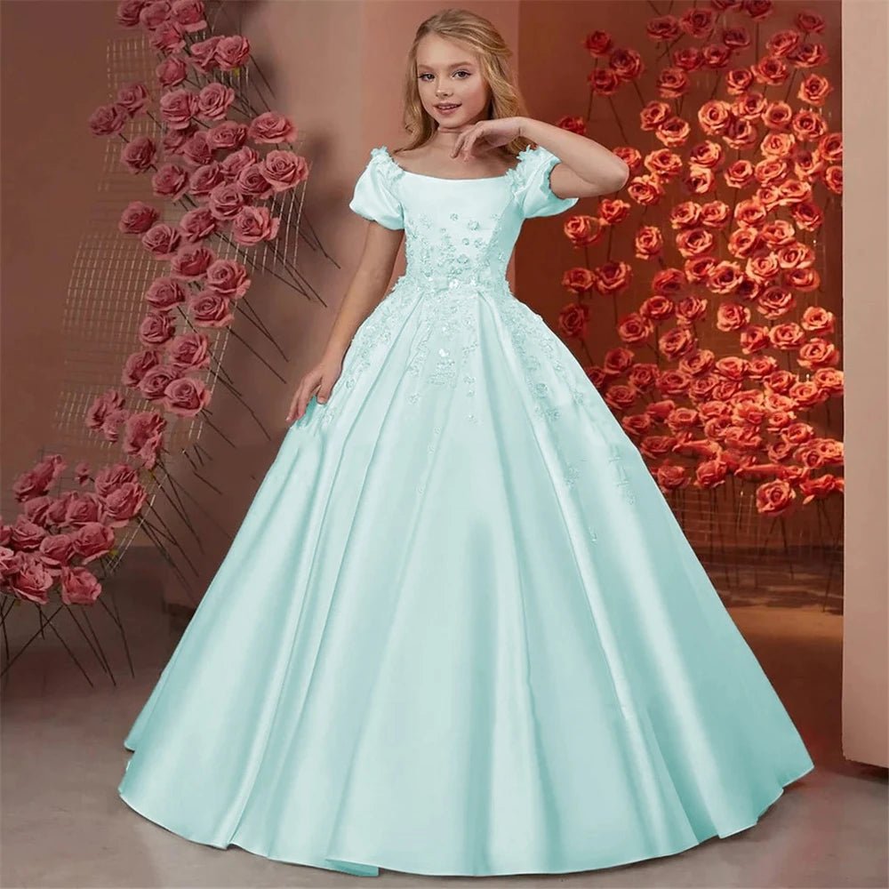 Satin Beaded Floral Floor-Length Flower Girl Dress - Luzilly Bridal & Apparel
