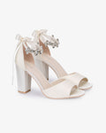 Satin Block Heel Wedding Sandals with Navette Cluster Rhinestones Strap - Luzilly Bridal & Apparel