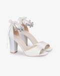 Satin Block Heel Wedding Sandals with Navette Cluster Rhinestones Strap - Luzilly Bridal & Apparel