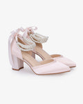 Satin Block Heels Evening Shoes with Trinity Pearls Wrap - Luzilly Bridal & Apparel