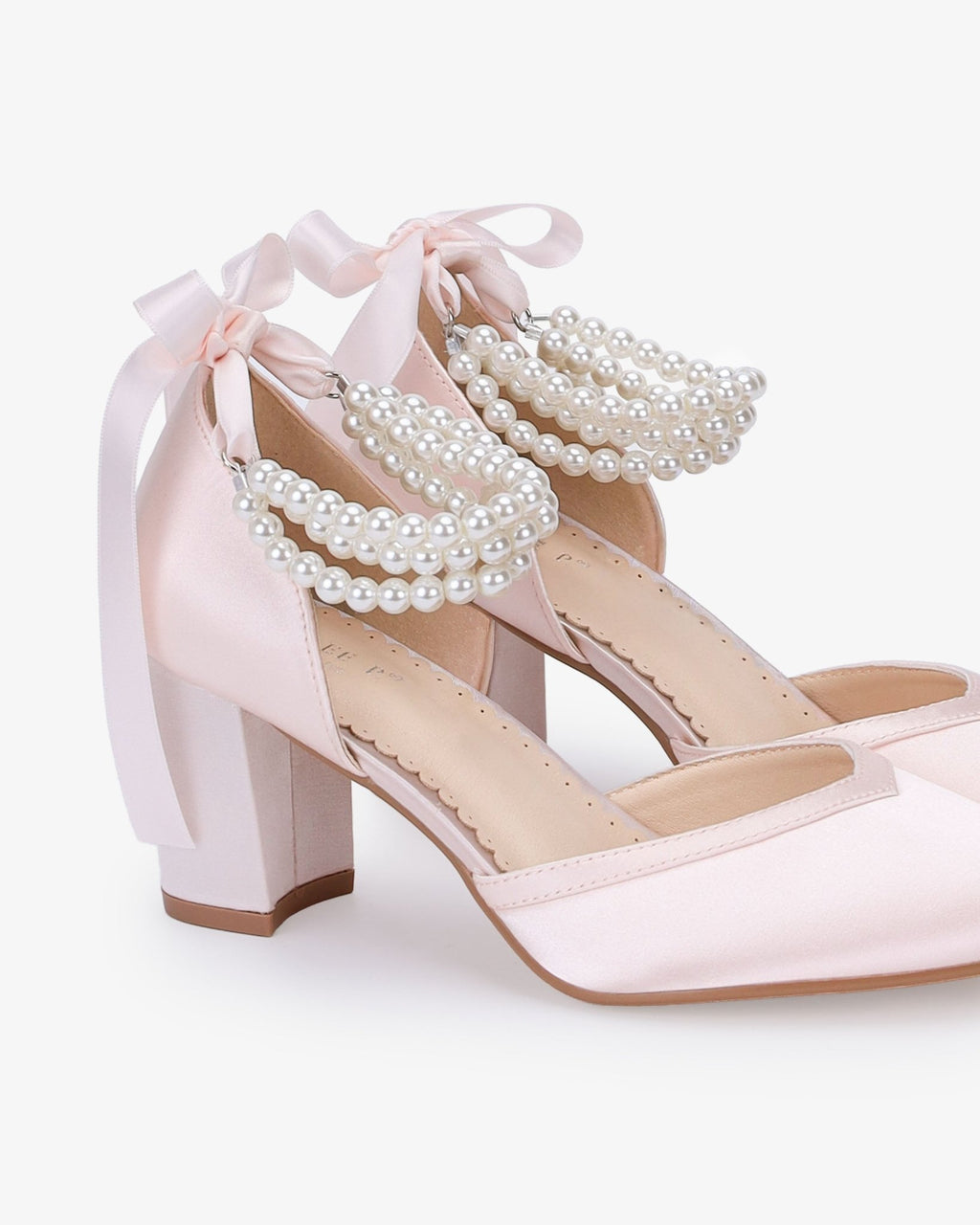 Satin Block Heels Evening Shoes with Trinity Pearls Wrap - Luzilly Bridal & Apparel