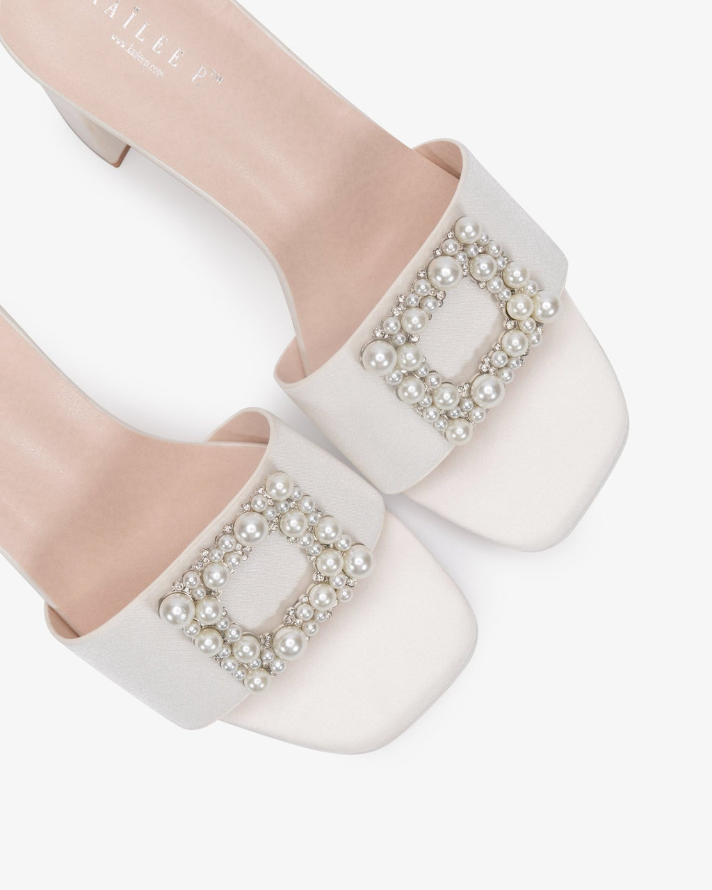 Satin Block Heels Slide Wedding Sandals with Pearlisse Buckle - Luzilly Bridal & Apparel