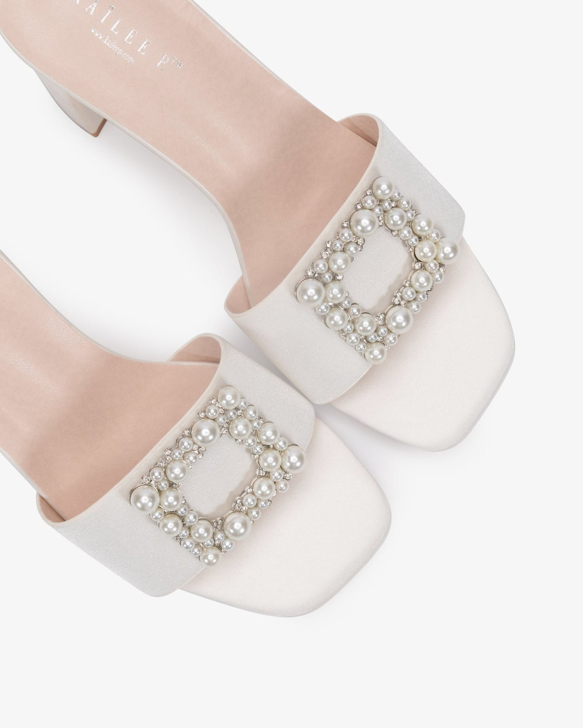 Satin Block Heels Slide Wedding Sandals with Pearlisse Buckle - Luzilly Bridal & Apparel