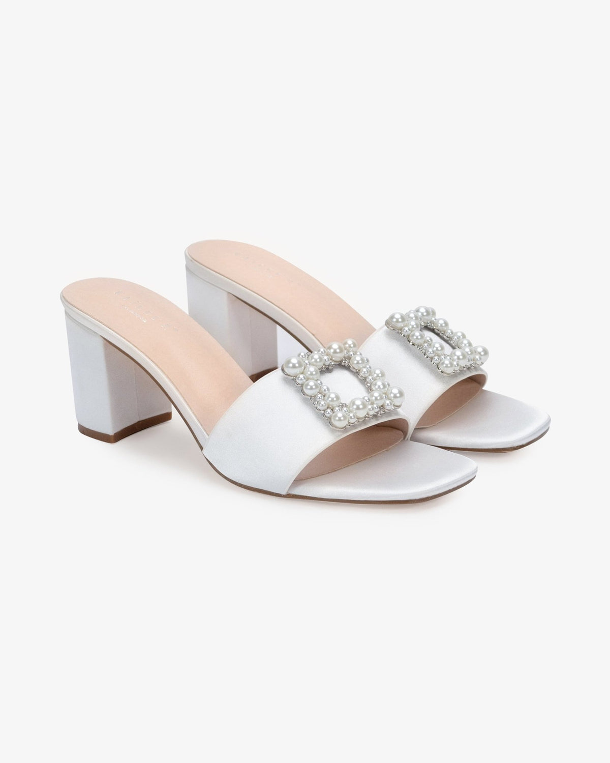 Satin Block Heels Slide Wedding Sandals with Pearlisse Buckle - Luzilly Bridal & Apparel