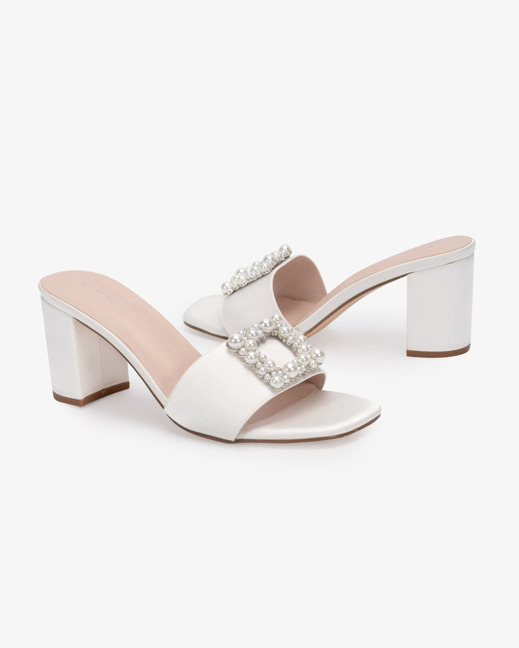 Satin Block Heels Slide Wedding Sandals with Pearlisse Buckle - Luzilly Bridal & Apparel