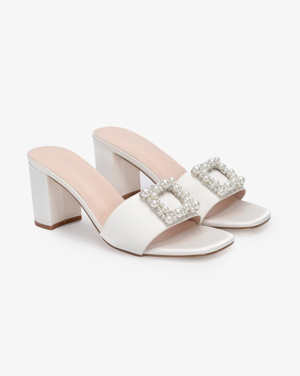 Satin Block Heels Slide Wedding Sandals with Pearlisse Buckle - Luzilly Bridal & Apparel