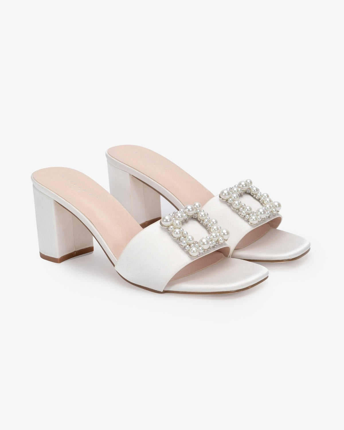 Satin Block Heels Slide Wedding Sandals with Pearlisse Buckle - Luzilly Bridal & Apparel