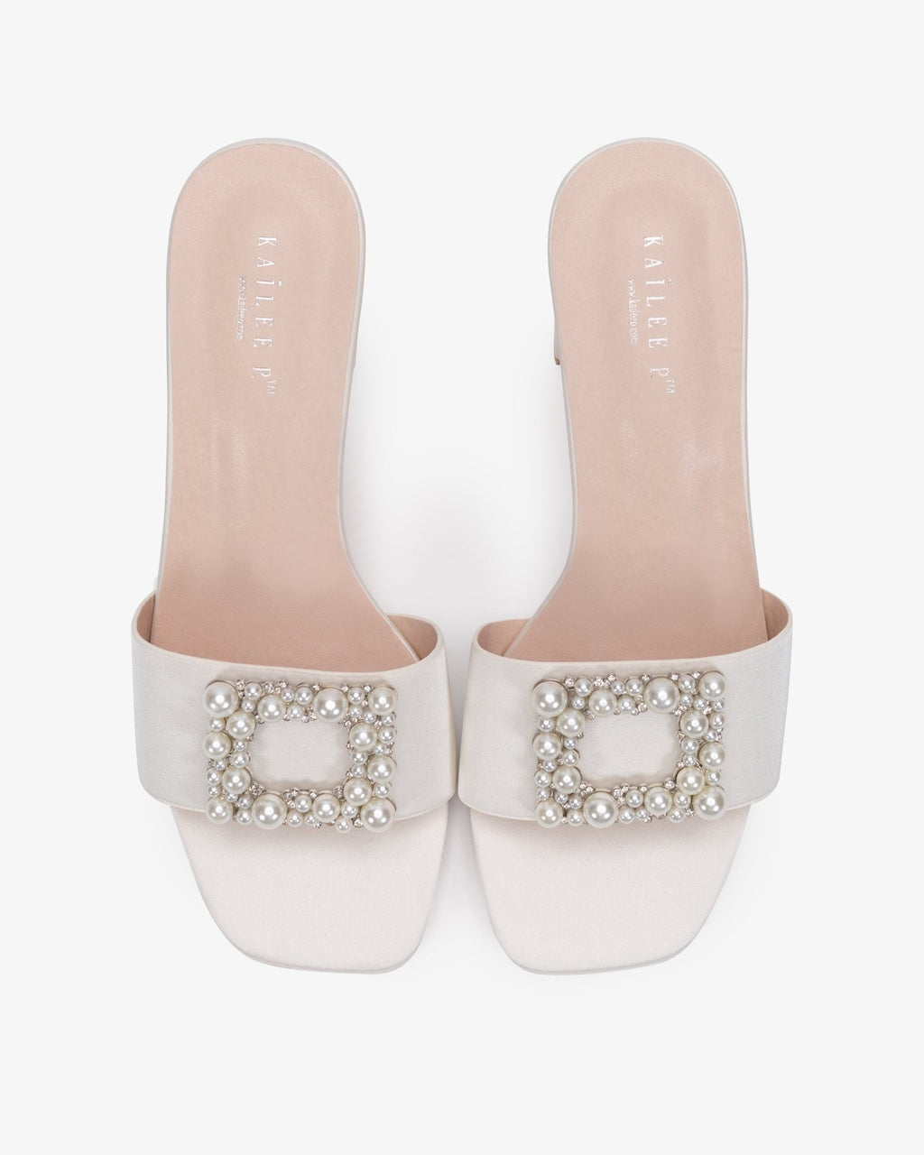 Satin Block Heels Slide Wedding Sandals with Pearlisse Buckle - Luzilly Bridal & Apparel