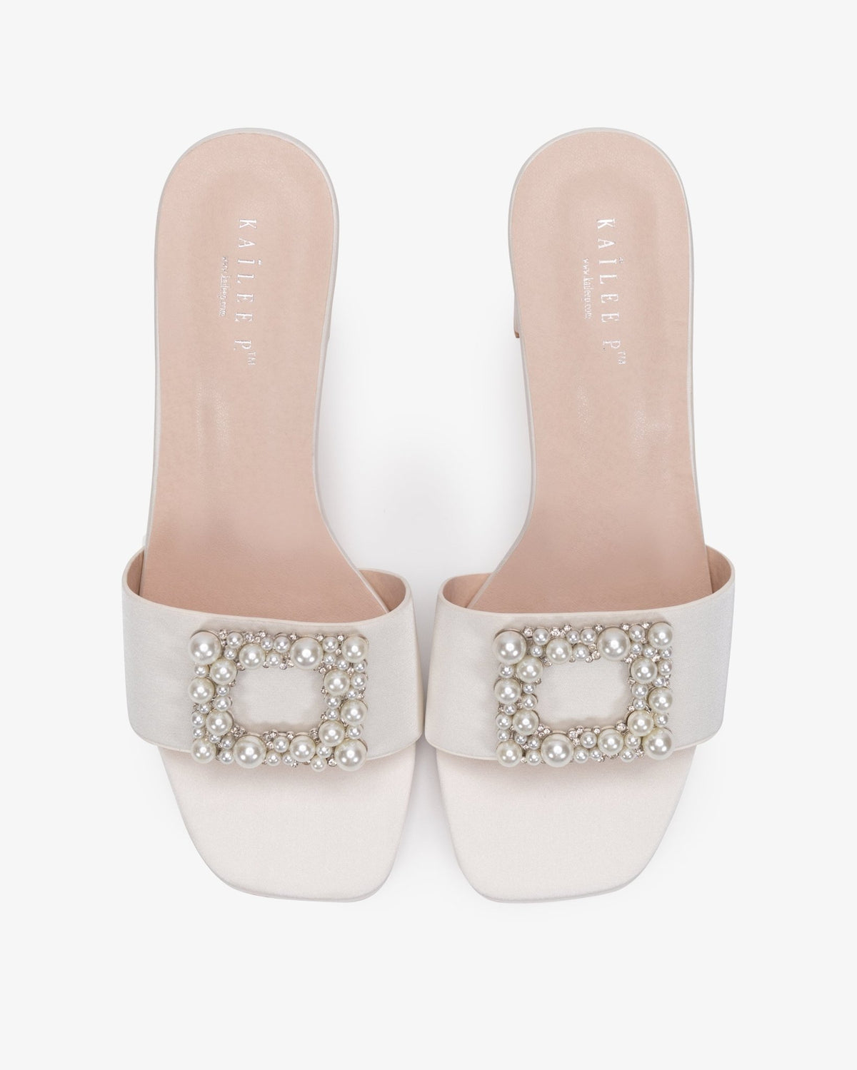Satin Block Heels Slide Wedding Sandals with Pearlisse Buckle - Luzilly Bridal & Apparel